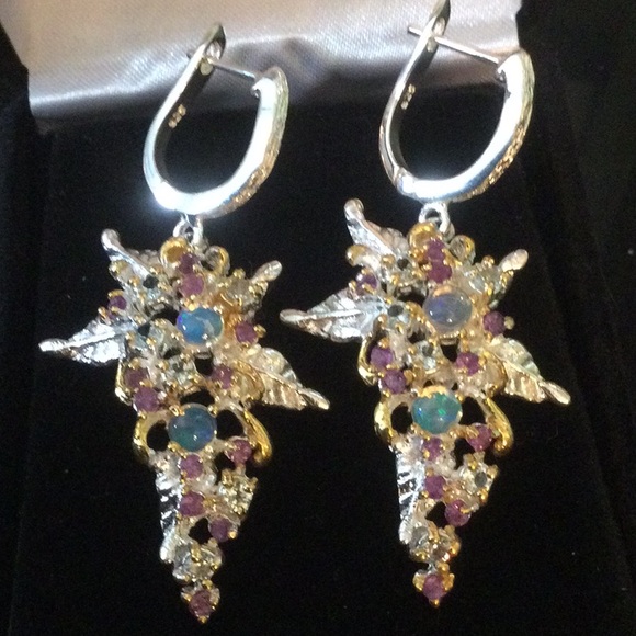 Breathtaking Genuine Opals, Rhodolite Garnets & Aquamarines Earrings - Picture 2 of 7